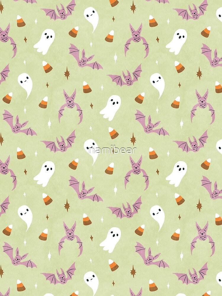 Vintage Halloween Pattern with Purple Bats and Ghosts on Green by namibear