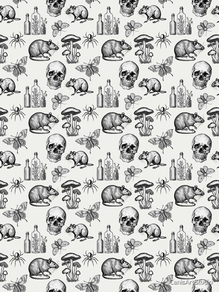 Rats and Skull Light Gothic Pattern for Summerween and Halloween - Grey by CanisArtStudio