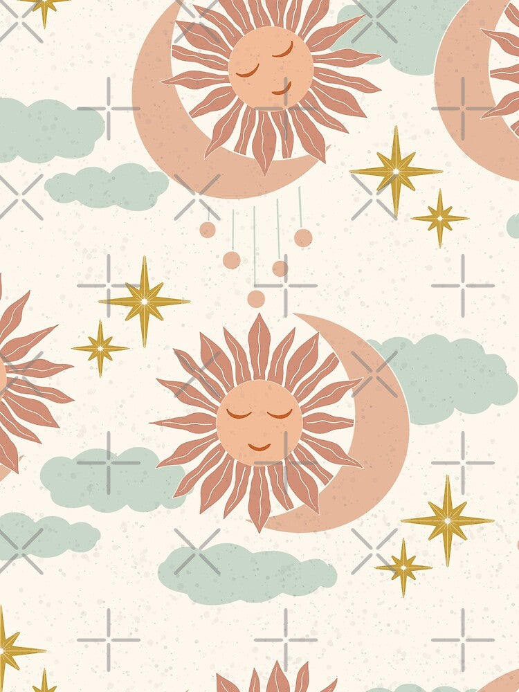 Large Boho Celestial Sun Moon Clouds Dreamy Pastel Cosmic Pattern by DColourMuse