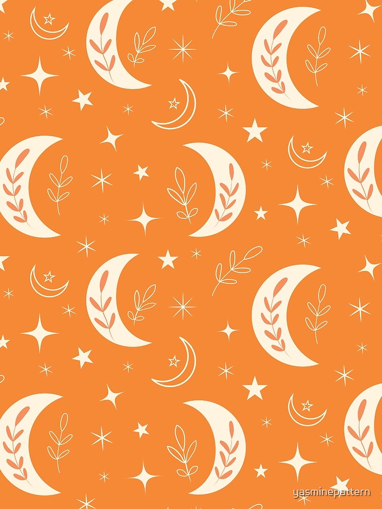 Boho Moon Pattern with Leaves and Stars on Orange by Yasminepatterns