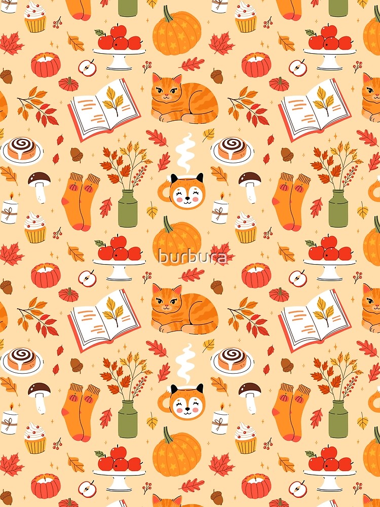 cozy autumn items and a cute cat in a loaf pose by burbura