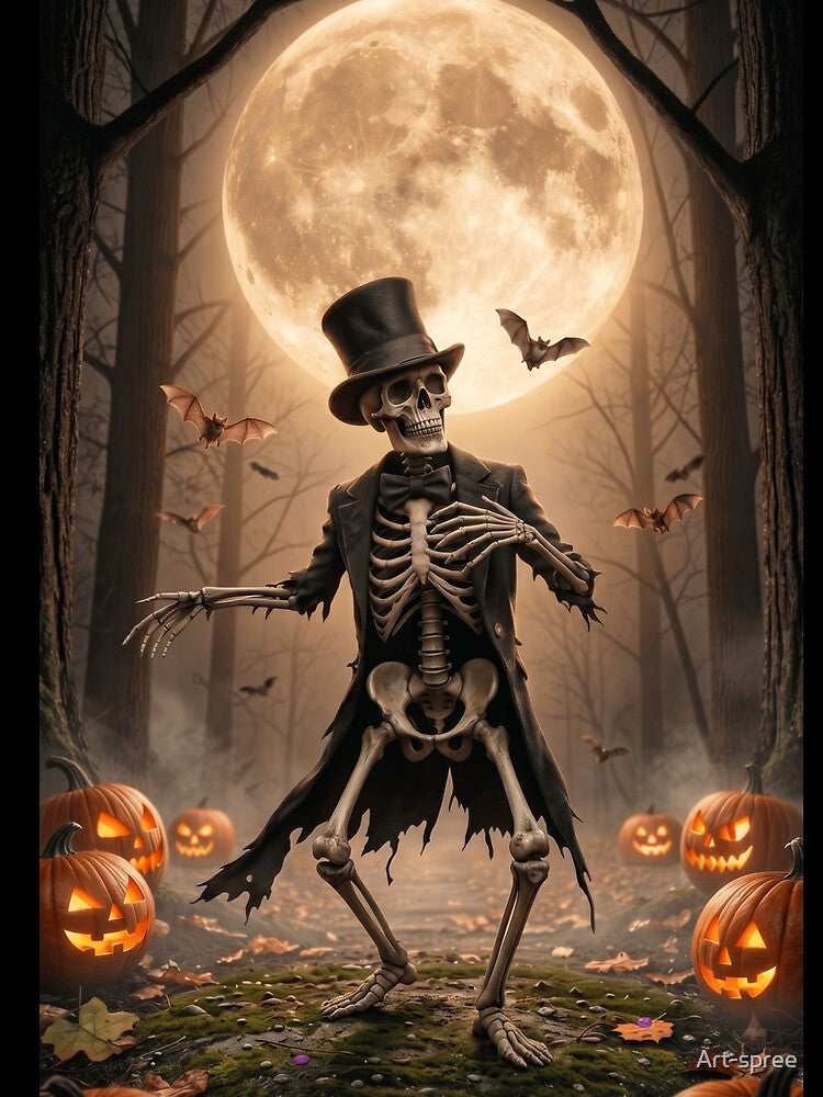 Spooky Dapper Skeleton Dancing in Halloween Pumpkin Patch by Art-spree