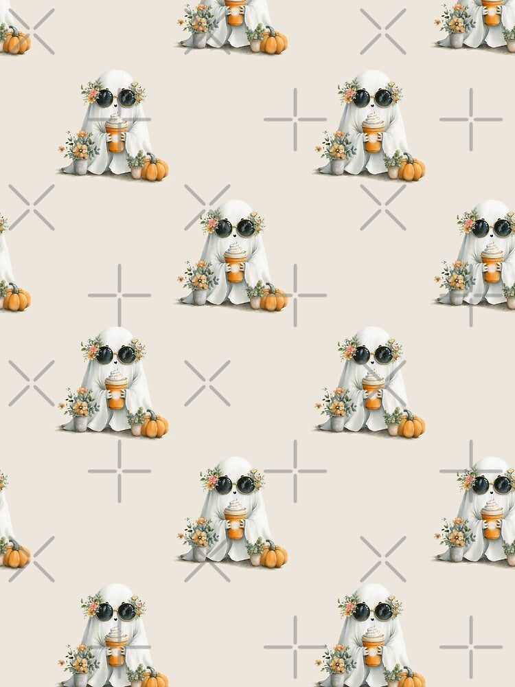 Cute Ghost Pattern With Latte Pumpkins And Flowers by EL-Lebedenko