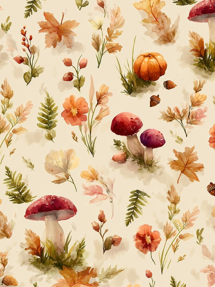 Autumn Woodland Pattern with Mushrooms and Pumpkins by Helenaphotoart