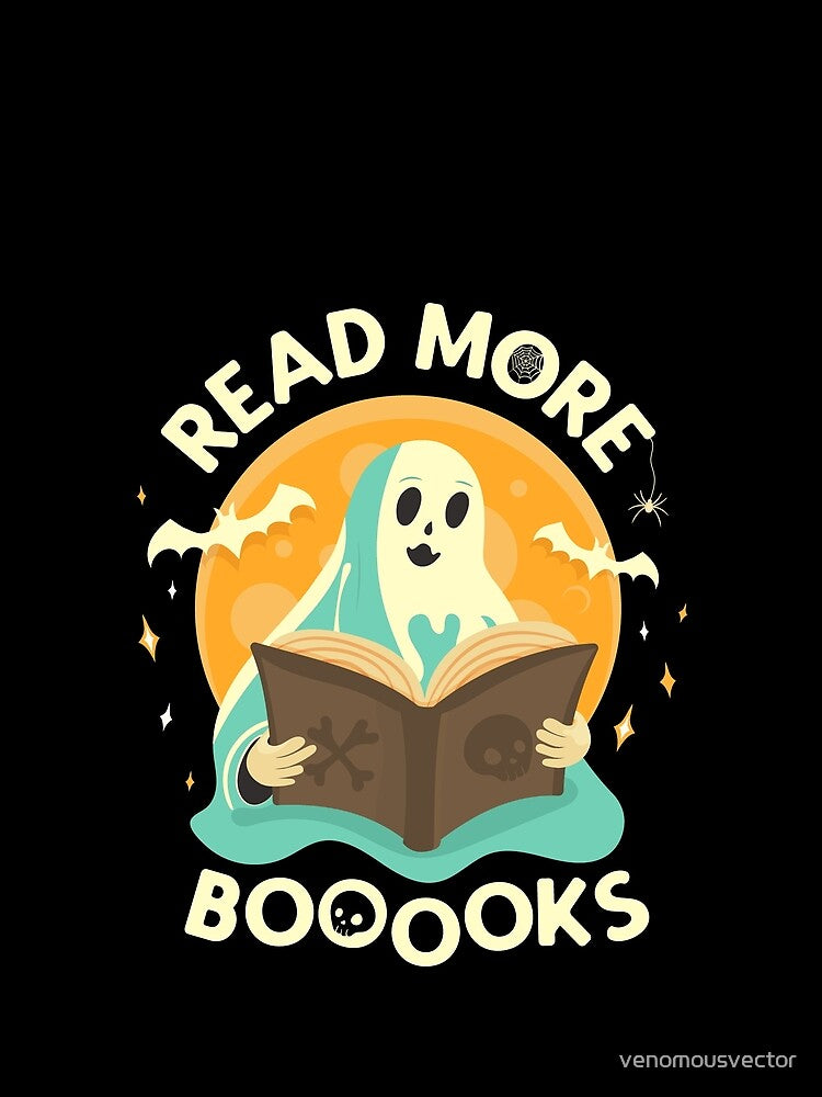 Ream More Booooks - ghost reading a books halloween with bats design for bookworms by venomousvector