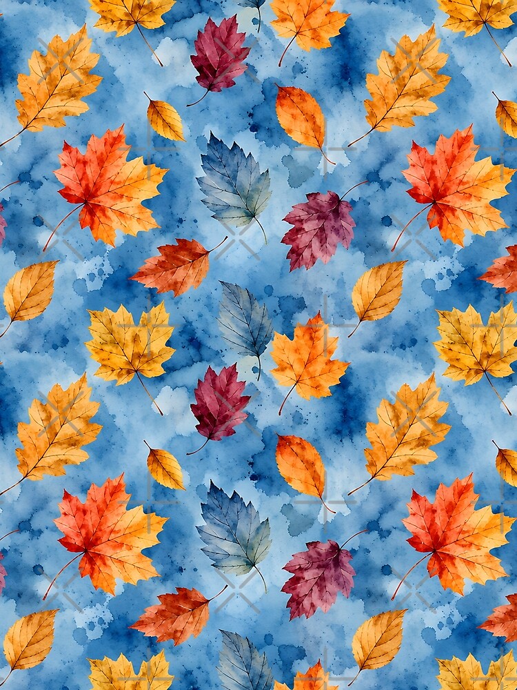 Autumn Leaves on Blue Watercolor Background by blankTeeShirt
