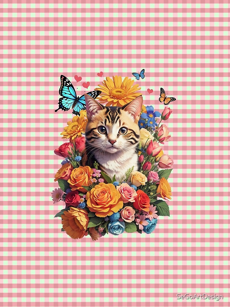Cute Cat With Flowers Dia De Muertos (pattern plaid) by SeGoArtDesign