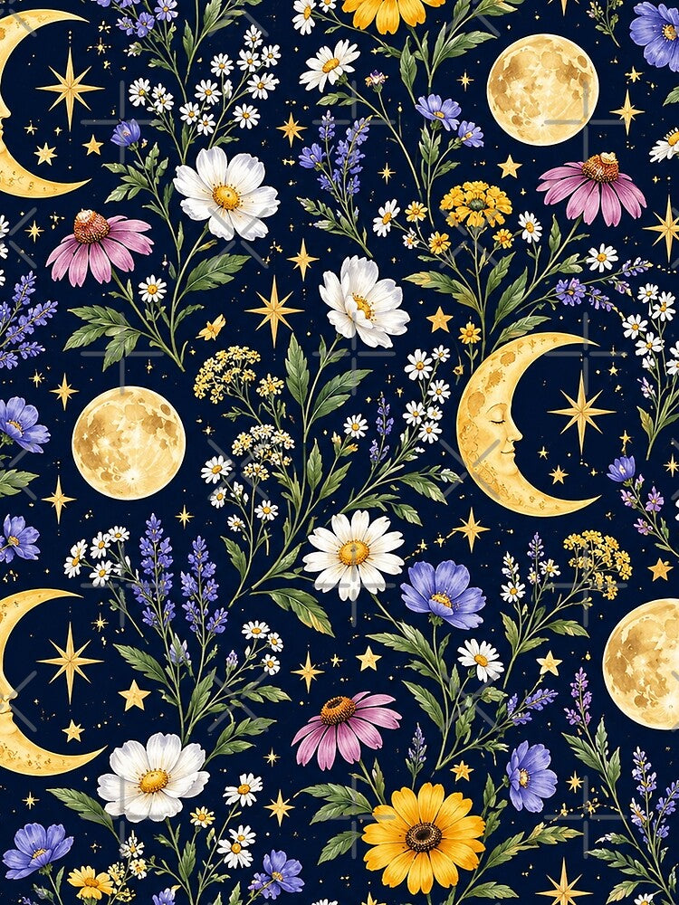 Celestial Moon & Wildflower Pattern – Mystical Floral Night by RJACreative