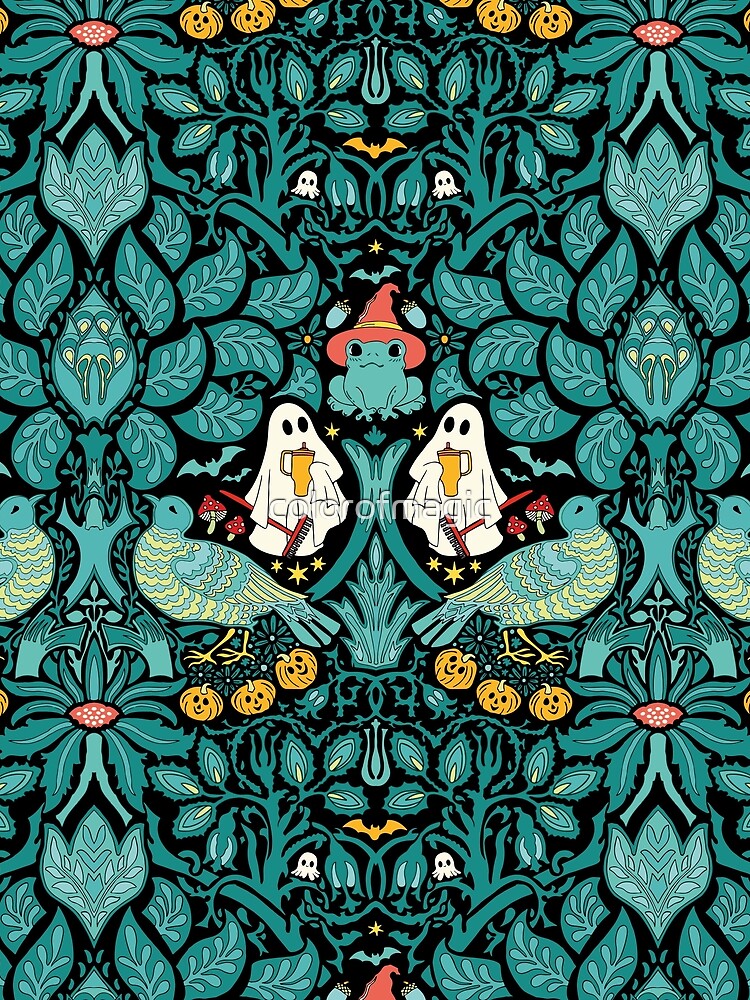Cute Halloween Ghost Gardener in Botanical Graveyard with Frogs and Pumpkins in green by colorofmagic