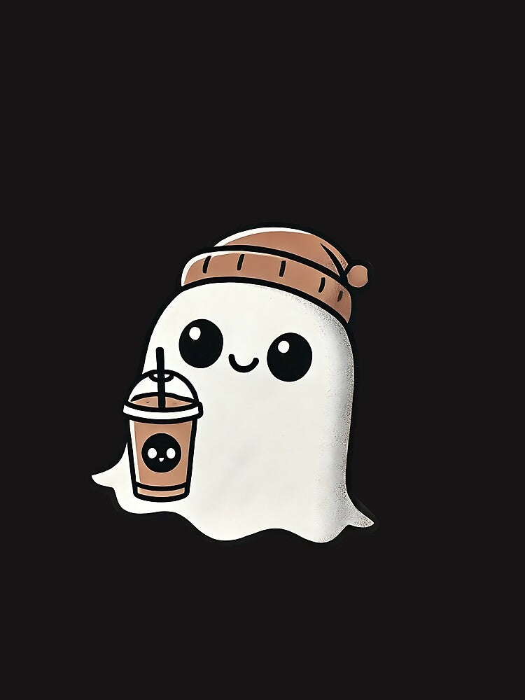 Cute Ghost with Coffee Cup and Beanie Kawaii Style by Nalin-Design