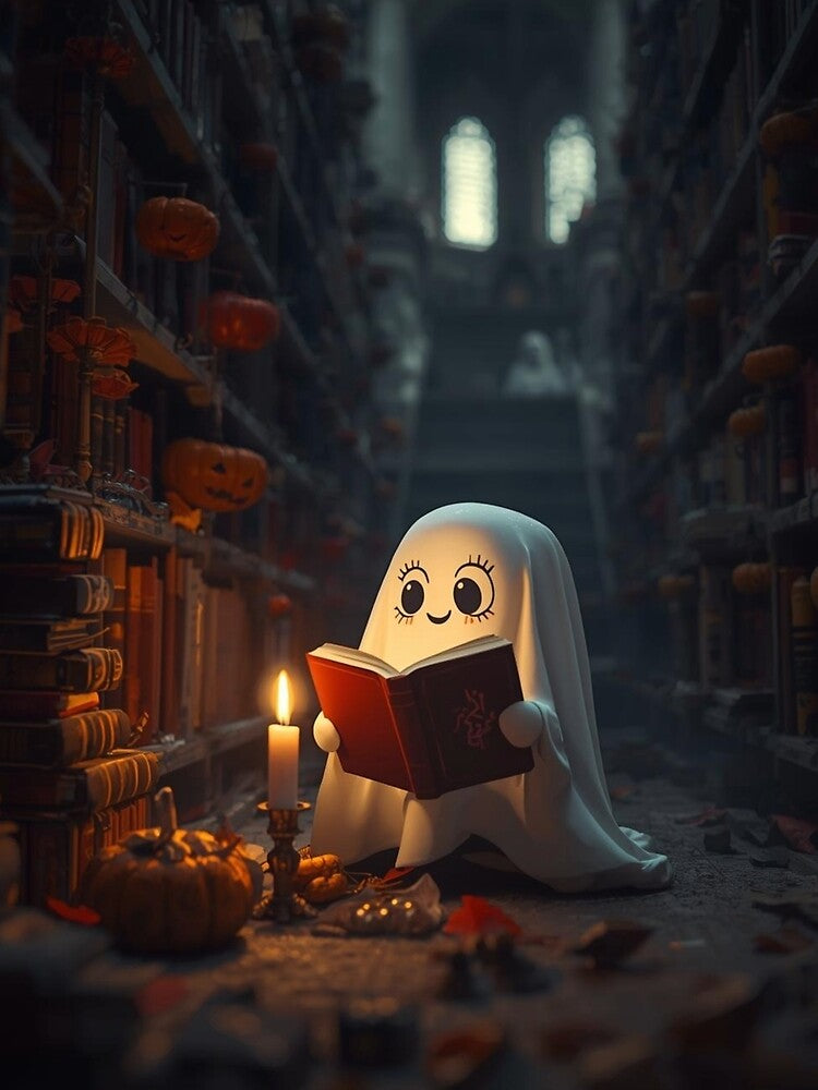 Haunted Library Ghost Reading by Candlelight | Cozy Halloween Illustration by Nubrixa-Studio
