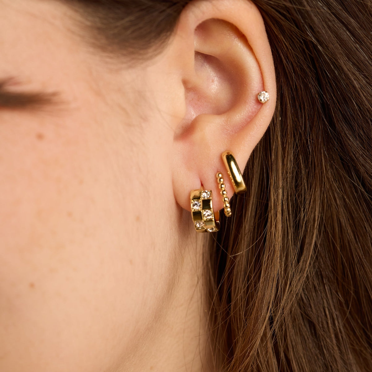 Gold Pavé Checkered Huggies