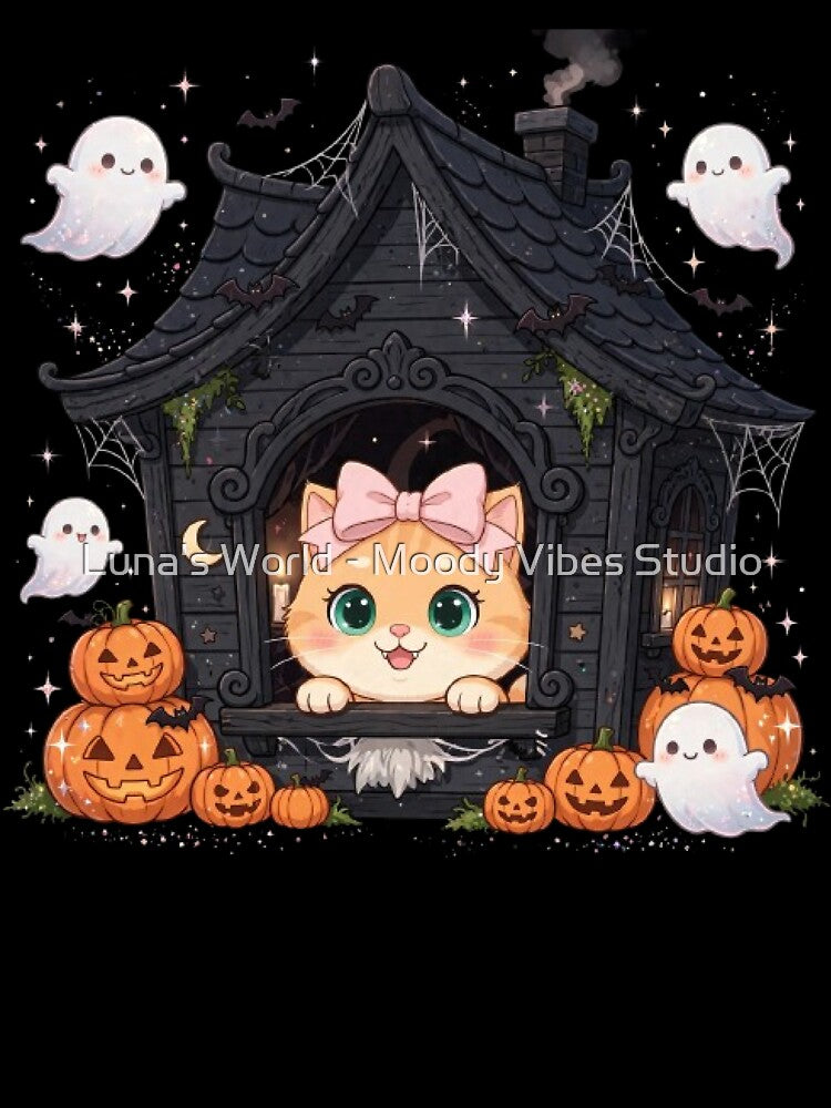 Cute Cat in Haunted House Halloween Night by Luna's World - Moody Vibes Studio