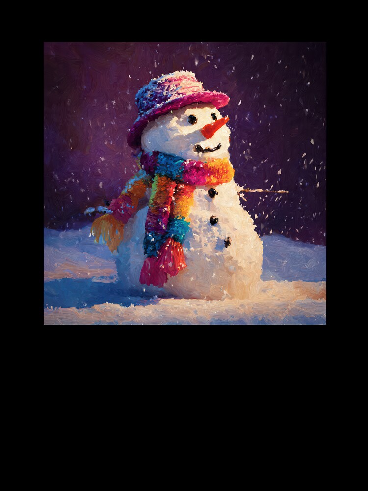 Whimsical Snowman with Colorful Scarf in Falling Snow by christmas-xmas