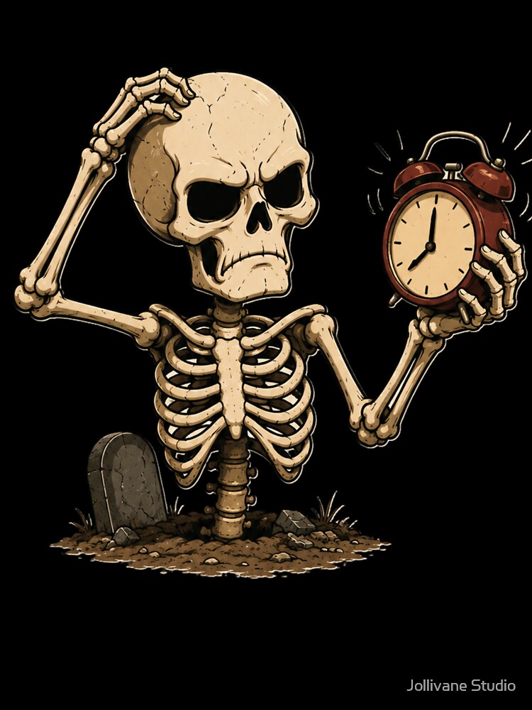 Funny Halloween Skeleton Waking Up Too Early – Vintage Alarm Clock Cartoon by Jollivane Studio