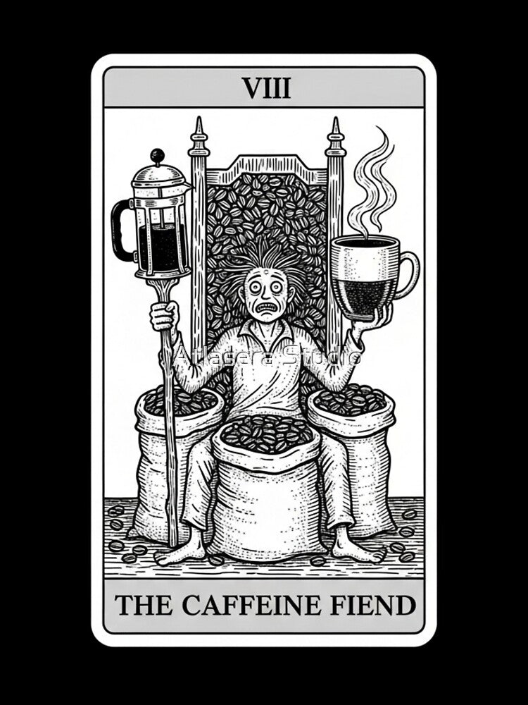 The Caffeine Fiend - Funny Coffee Lover Tarot Card T-Shirt by Atlasera Studio