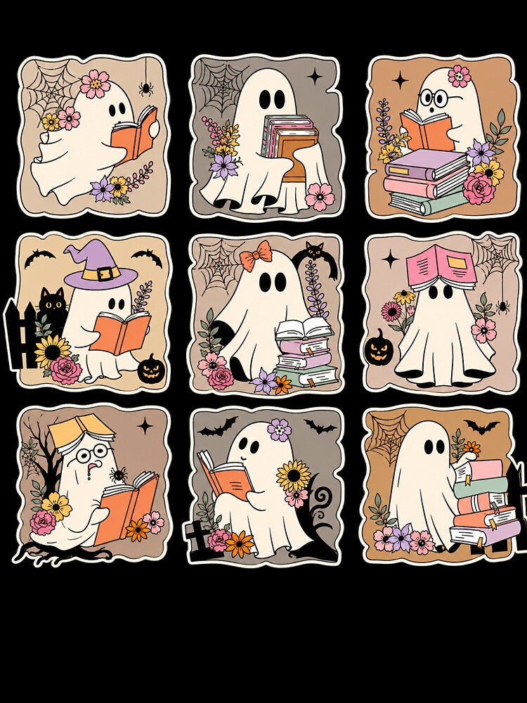Ghost Reading Book Cute Halloween Bookworm Black Cat Library by Masaw