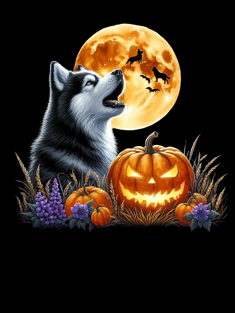 Husky howling at a glowing pumpkin-shaped full moon by GogoGrove