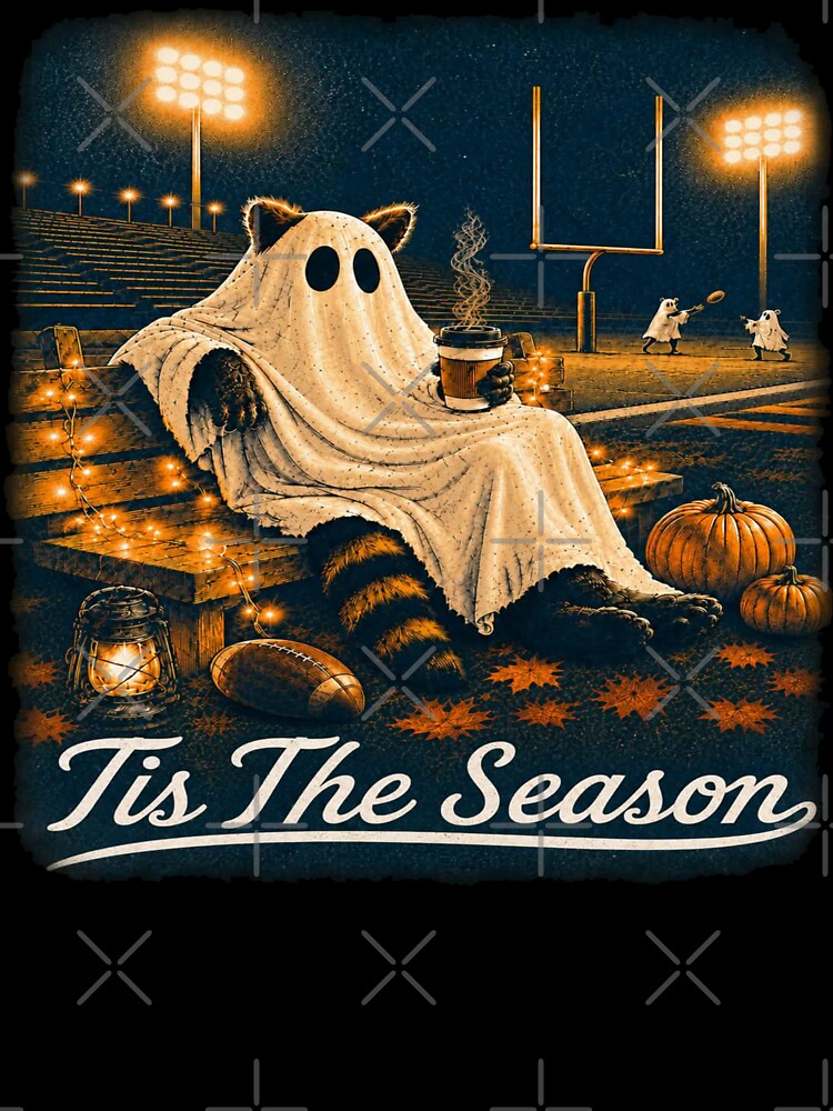 Retro Tis The Season Ghost Football Game Raccoon Staduim Halloween Funny Theme by KamalaDesign