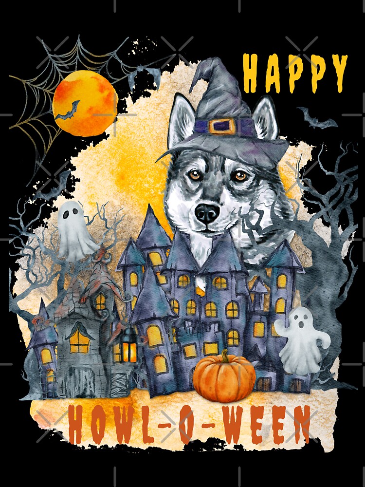 Siberian Husky Happy Howl-o-ween Ghost Houses Funny Watercolor by Cuddlythopia