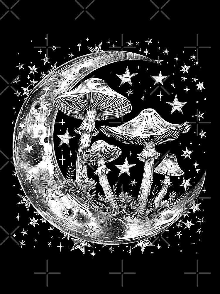 Celestial Mushroom Moon Mystical Crescent Moon and Stars Art by inkoutninja