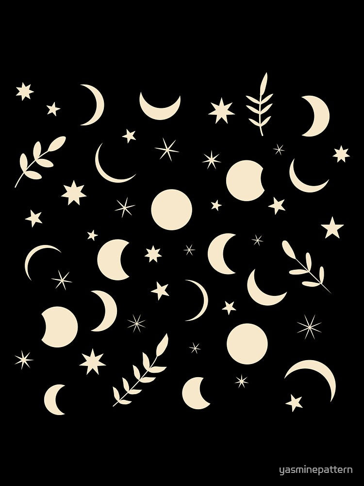 Boho Moon Phases Pattern with leaves and tiny stars  on  Orange Background by Yasminepatterns