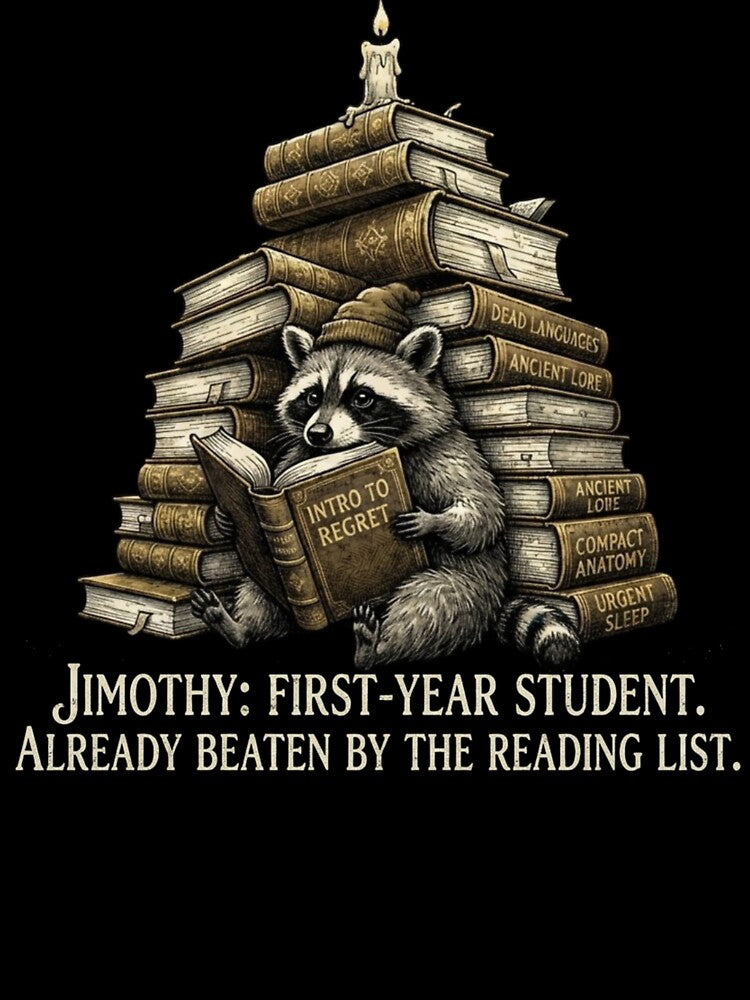 Dark Academia Raccoon Jimothy First Year Student Reading List Funny Art by thoughtswear