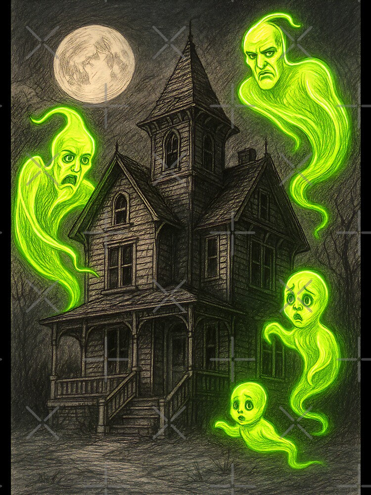 Neon Green Ghosts Haunted House Halloween Shirt | Glowing Spooky Haunted Mansion Graphic Tee by ReyDeLaCalle