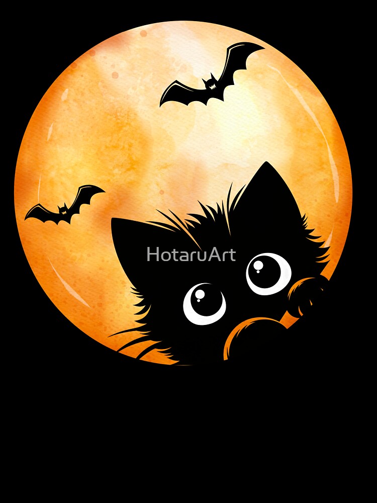 Black Cat and Bats Under Full Moon – Spooky Halloween Night Design by HotaruArt