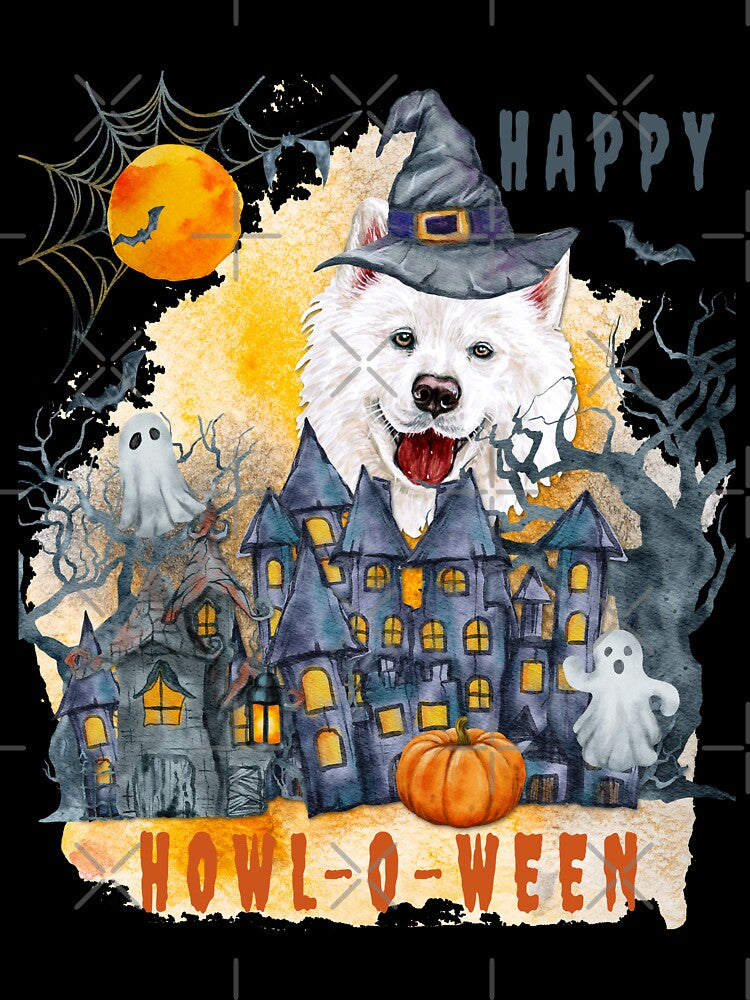 Samoyed Happy Howl-o-ween Ghost Houses Funny Watercolor by Cuddlythopia