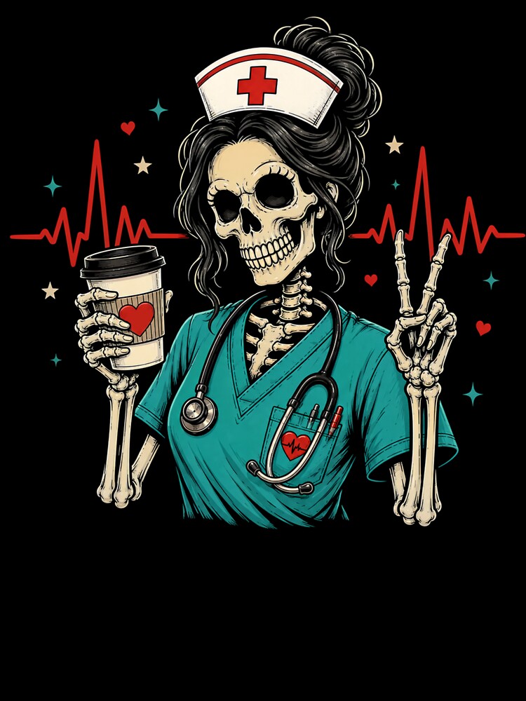 Funny Skeleton Nurse Halloween Shirt Coffee Lover EKG Heartbeat by Artbyrome