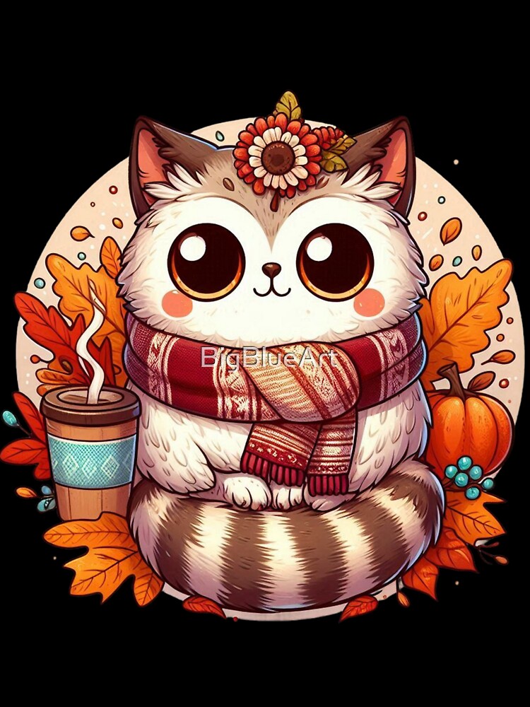 cute owl-cat autumn scarf, surrounded by pumpkin and leaves by BigBlueArt