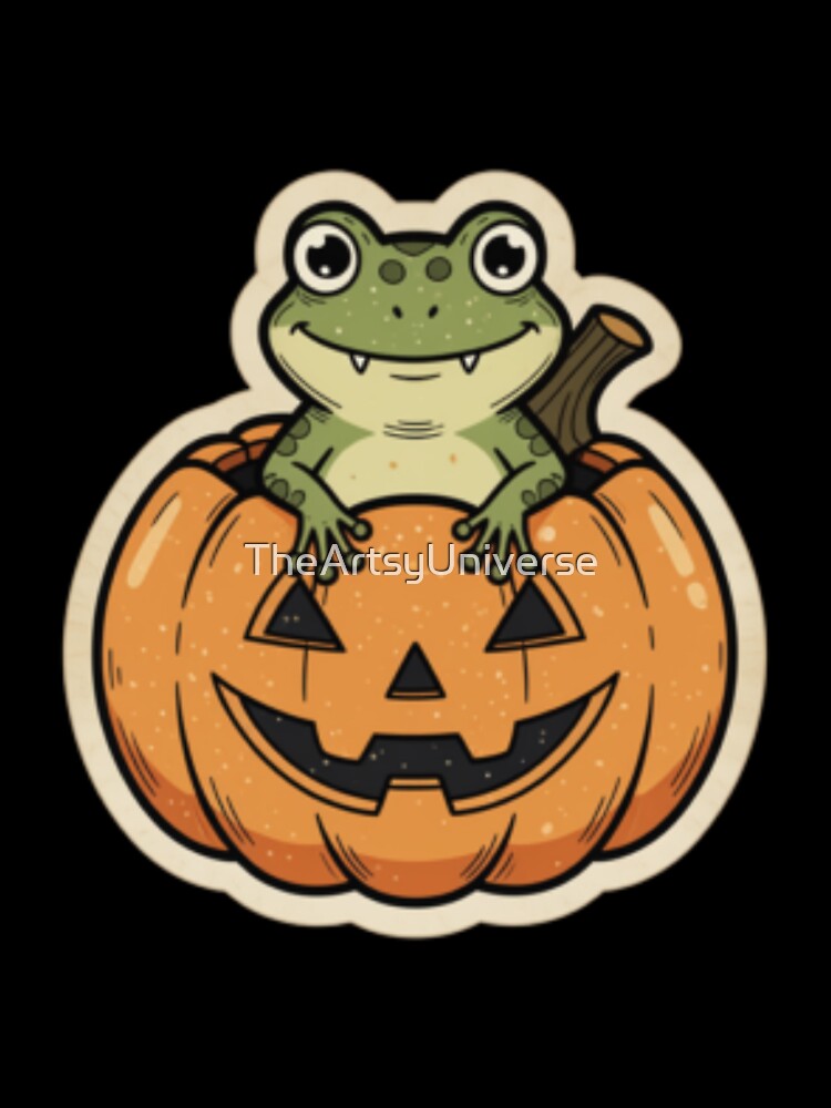 Kawaii Frog In A Pumpkin Illustration | Cute & Spooky Halloween Sticker by TheArtsyUniverse