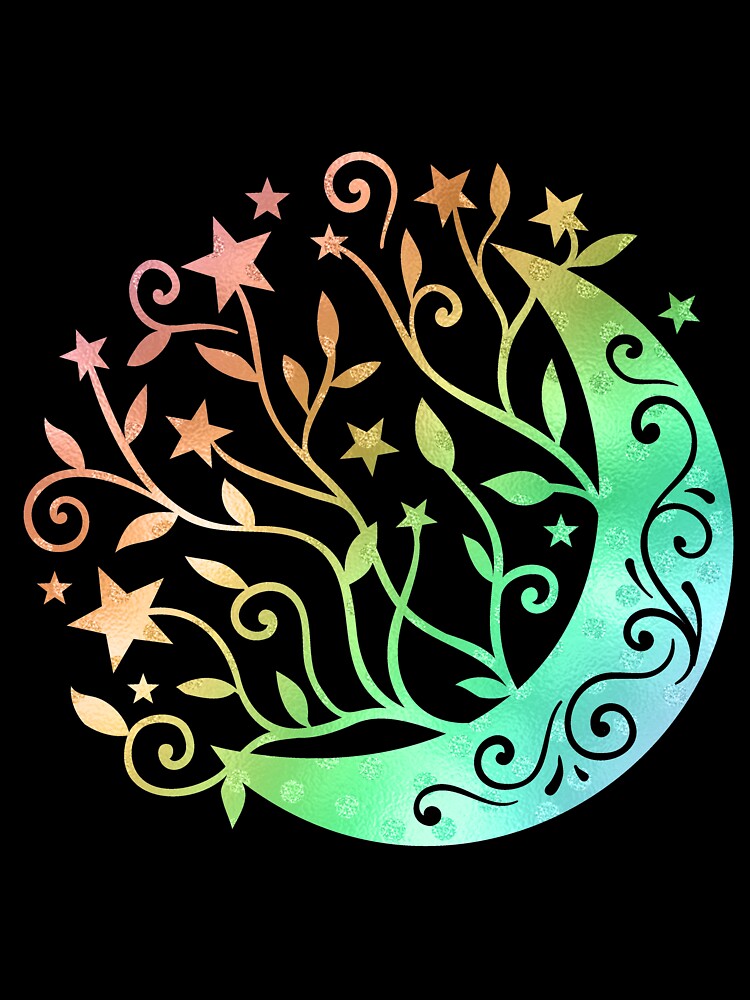 Crescent Moon With Leaves and Stars - Rainbow Glitter by murkyswamp