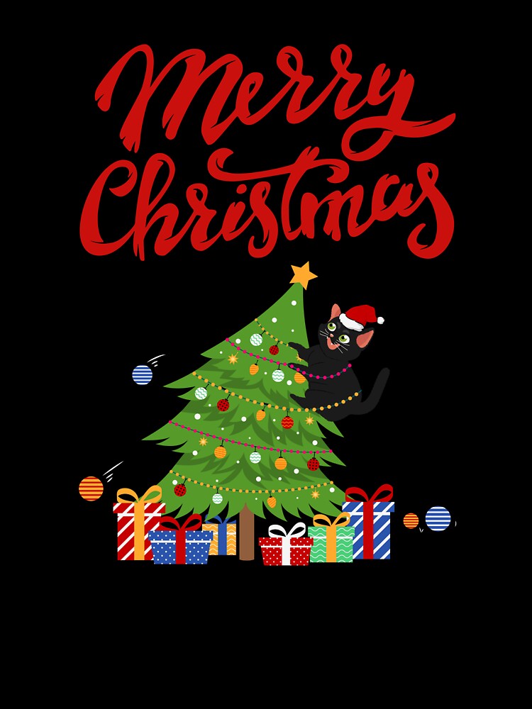 santa black cat tangled up in christmas tree lights holiday by PotluckPrints
