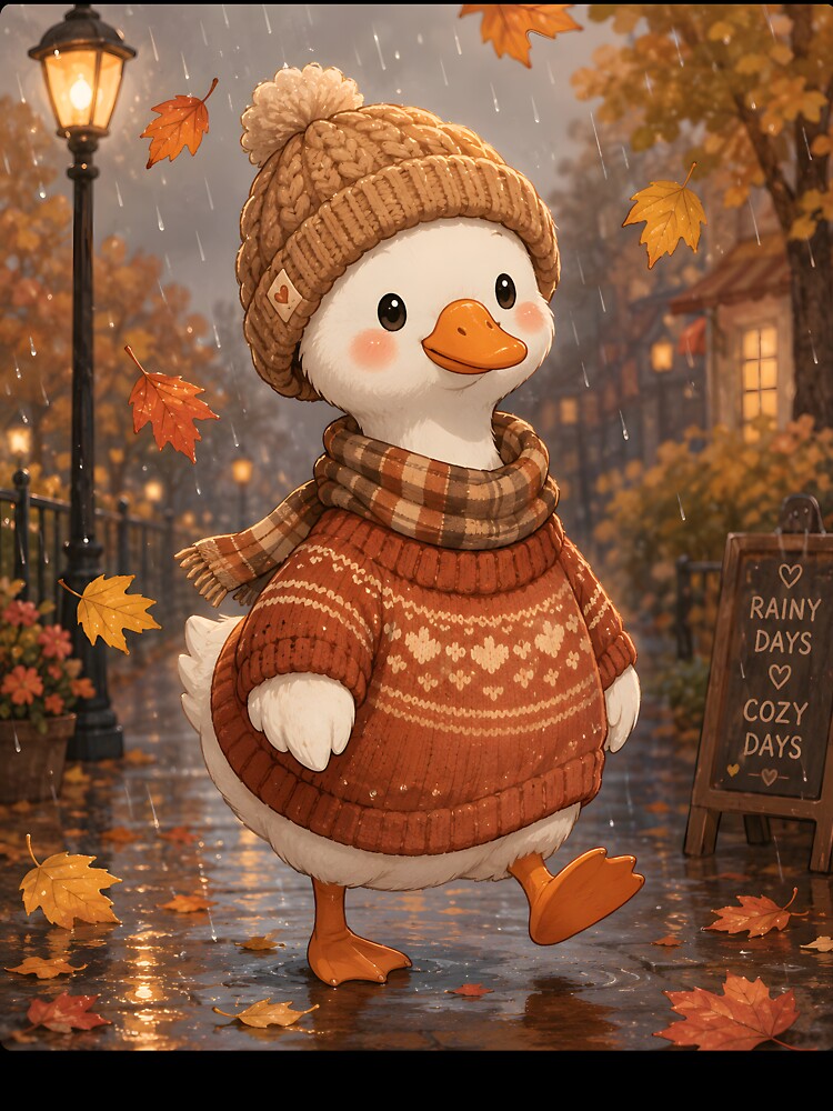 Cozy Autumn Duck in Rainy Day Sweater by aleano2026