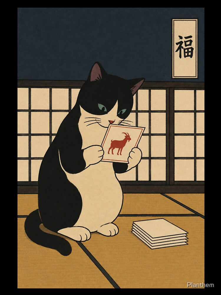 Cat Writing New Year Cards — Nengajo No. 5 | Ukiyo-e Woodblock by Planthem