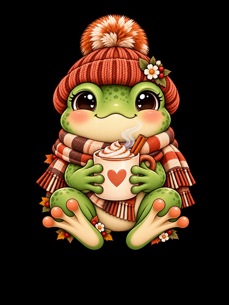 Cute Frog with Coffee – Cozy Autumn Kawaii Frog by HO•Designs