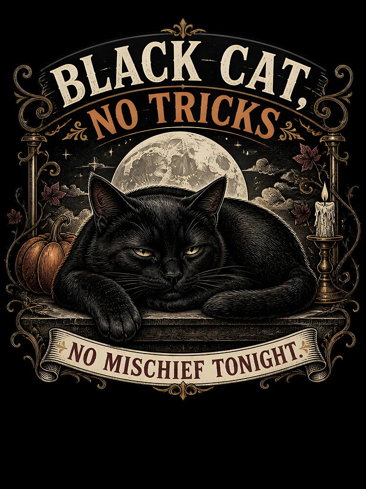 BLACK CAT, NO TRICKS No Mischief Tonight Halloween Gothic Engraving by BernoNickel