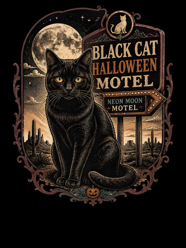 BLACK CAT HALLOWEEN MOTEL Neon Moon Motel Halloween Gothic Engraving by KristenosNehk