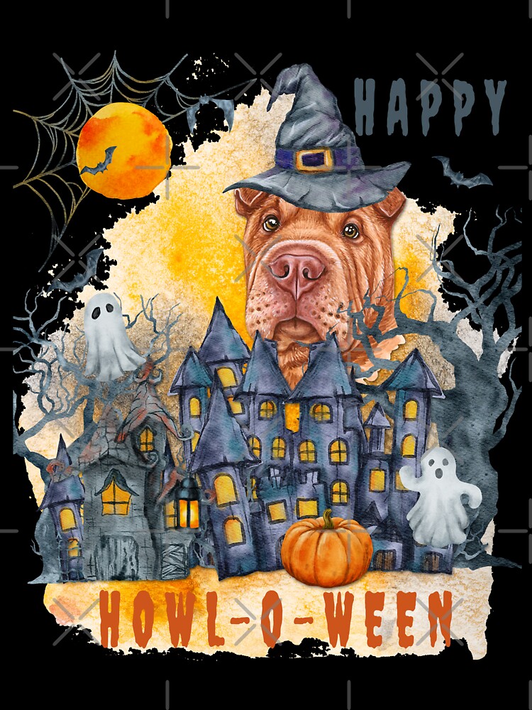 Shar pei Happy Howl-o-ween Ghost Houses Funny Watercolor by Cuddlythopia
