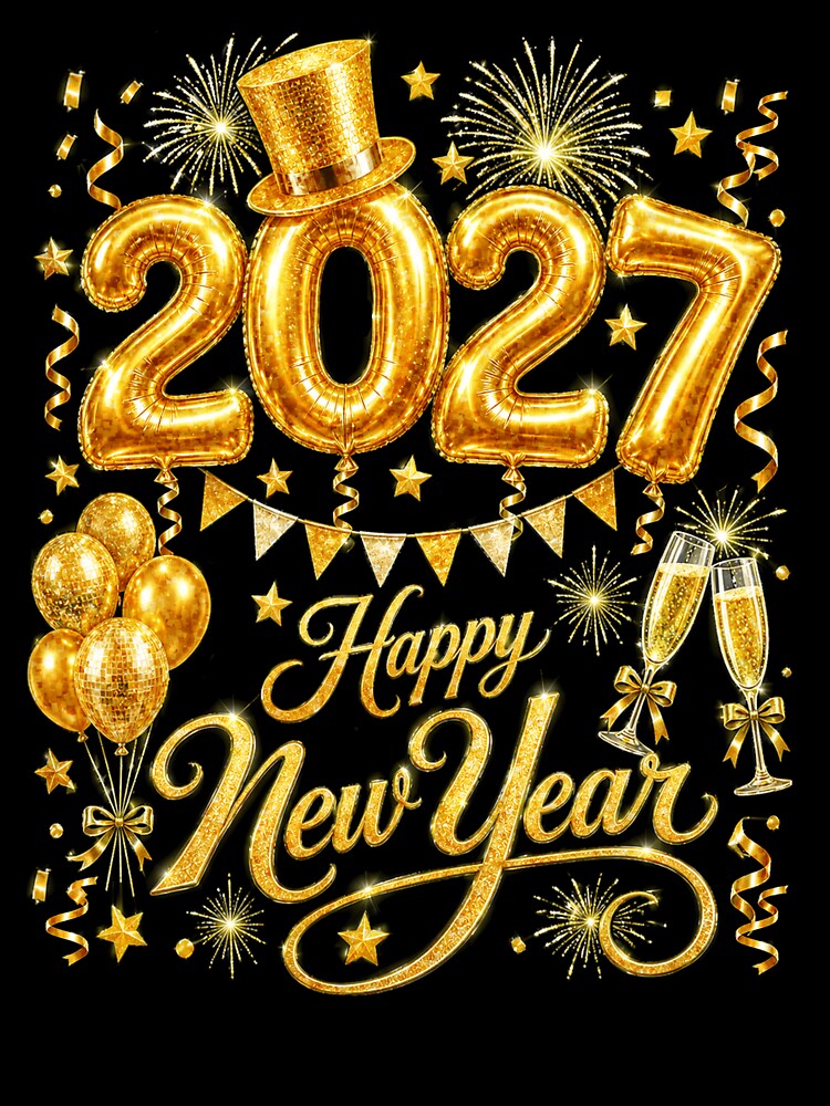 Happy New Year 2027 Festive Gold Balloon Champagne Party by Ortigzitoun