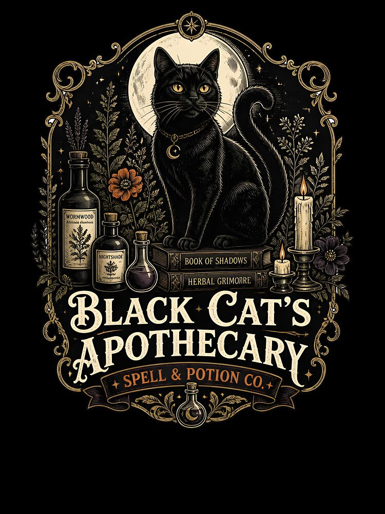 Black Cat's Apothecary Spell & Potion Co. Halloween Gothic Botanical Engraving by RoyesButler