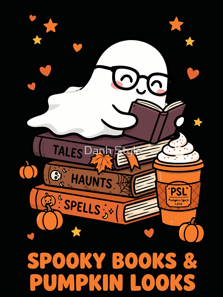 Spooky Books & Pumpkin Looks Cute Ghost Reading Tales Spells PSL Coffee Fall Halloween by Danh Style