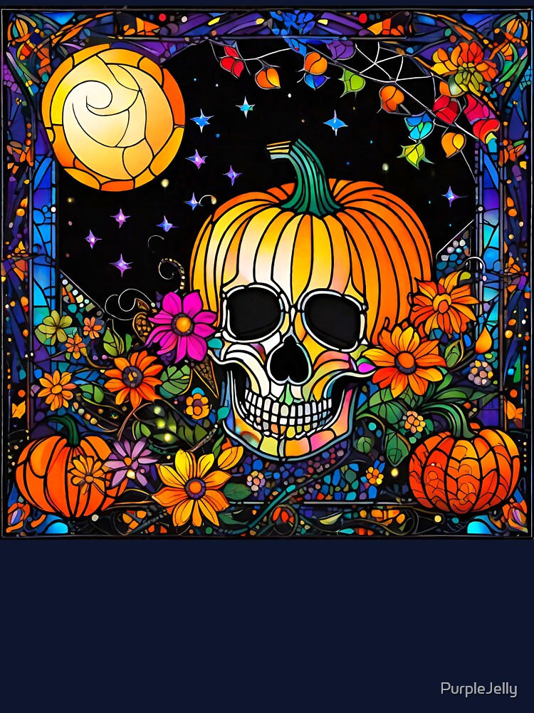Halloween pumpkin skull stained glass print by PurpleJelly