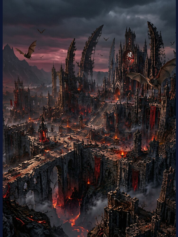 Gothic Ruins in Flames: Dark Fantasy Landscape by Vaelia