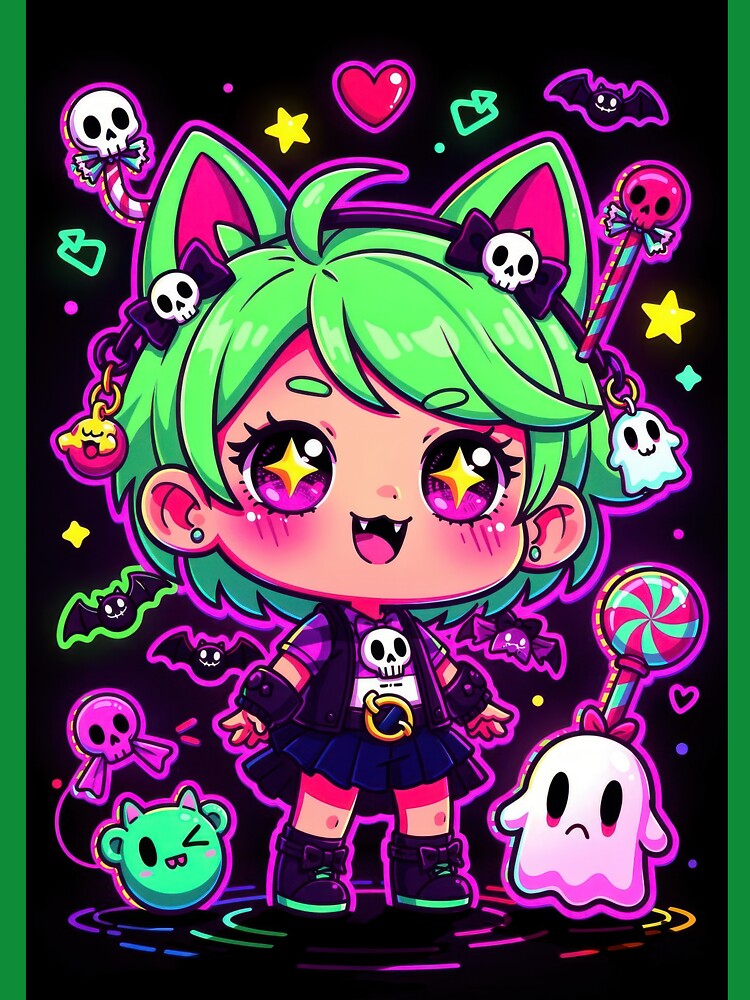 Neon Kawaii Goth Girl with Spooky Cute Charms and Skulls by Sergii Davydenko