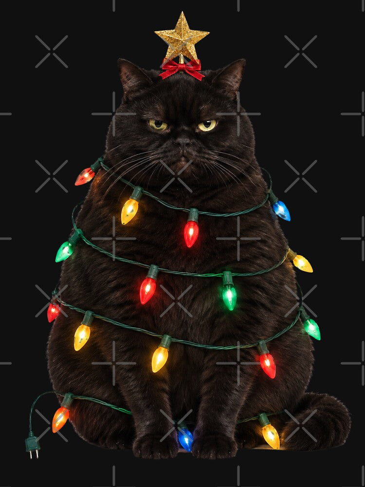 Grumpy Black Cat Christmas Tree with Holiday Lights by KokoDeez