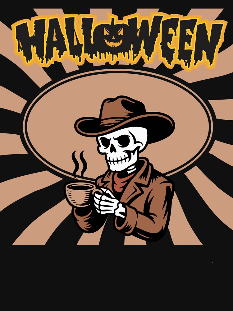 Halloween Cowboy Skeleton Drinking Coffee by     Sela Art