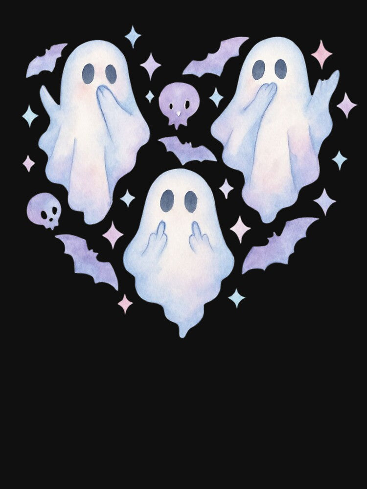 Three Cute Ghosts with Purple Pastel Bats – Sweet and Spooky Pastel Goth Halloween Design by baggycatsworld